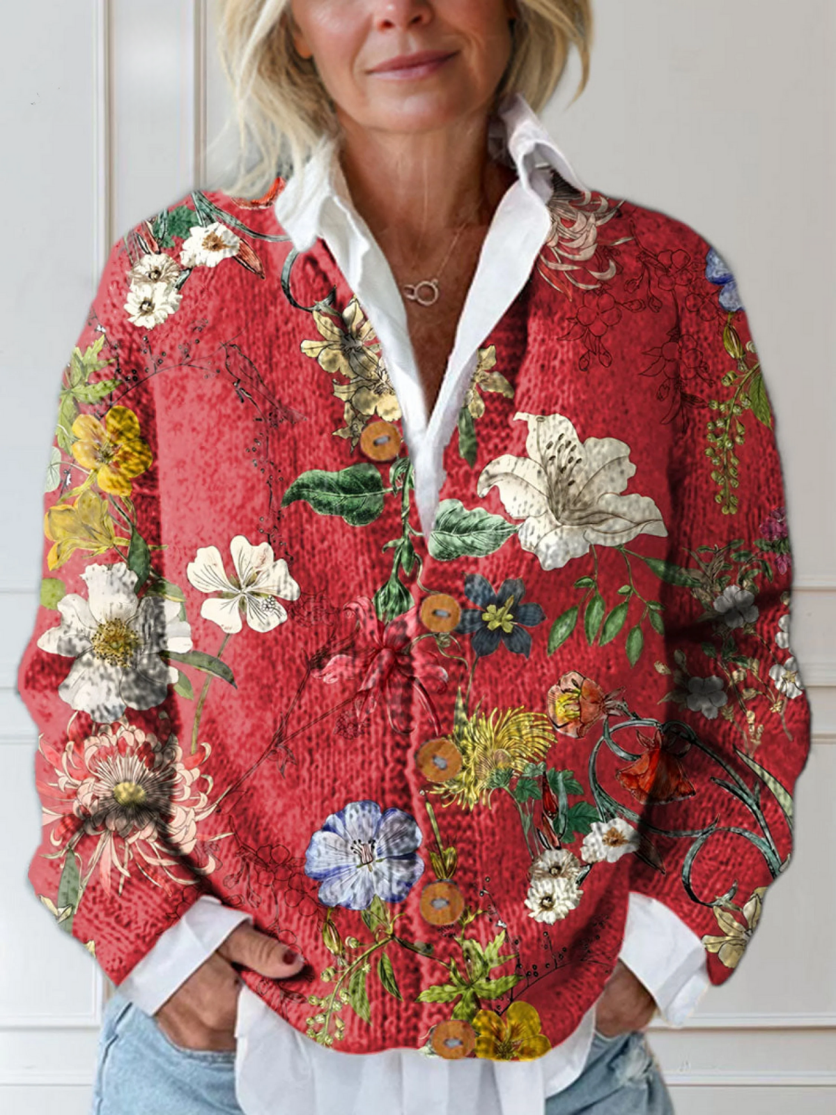Vintage Blommig Konsttryck Cardigan för Kvinnor med Knäppning