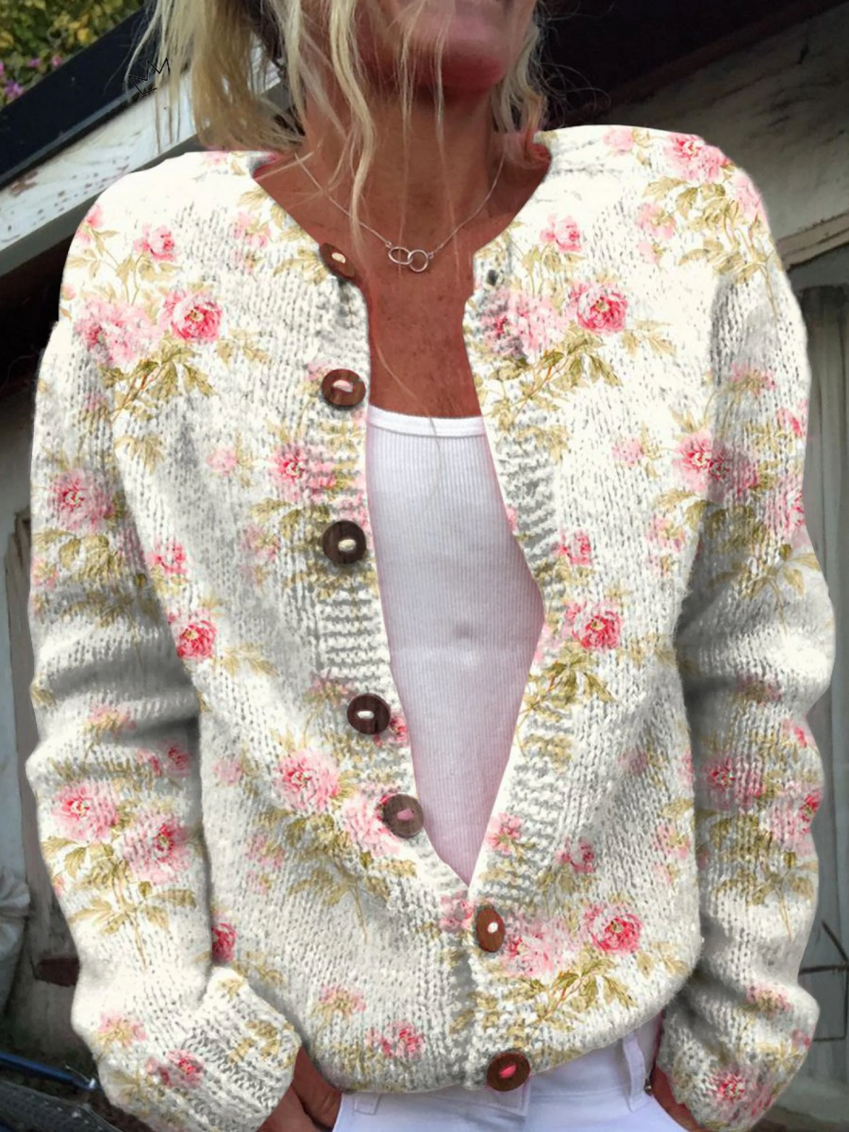 Rosa Blommor och Gröna Löv Tryckt Knappad Cardigan