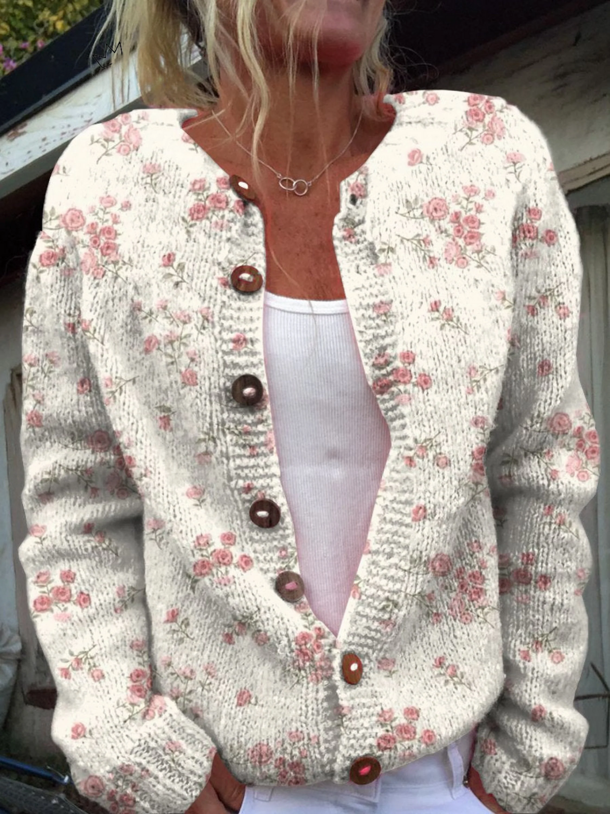 Rosa Rosett Blommönster Knappad Cardigan
