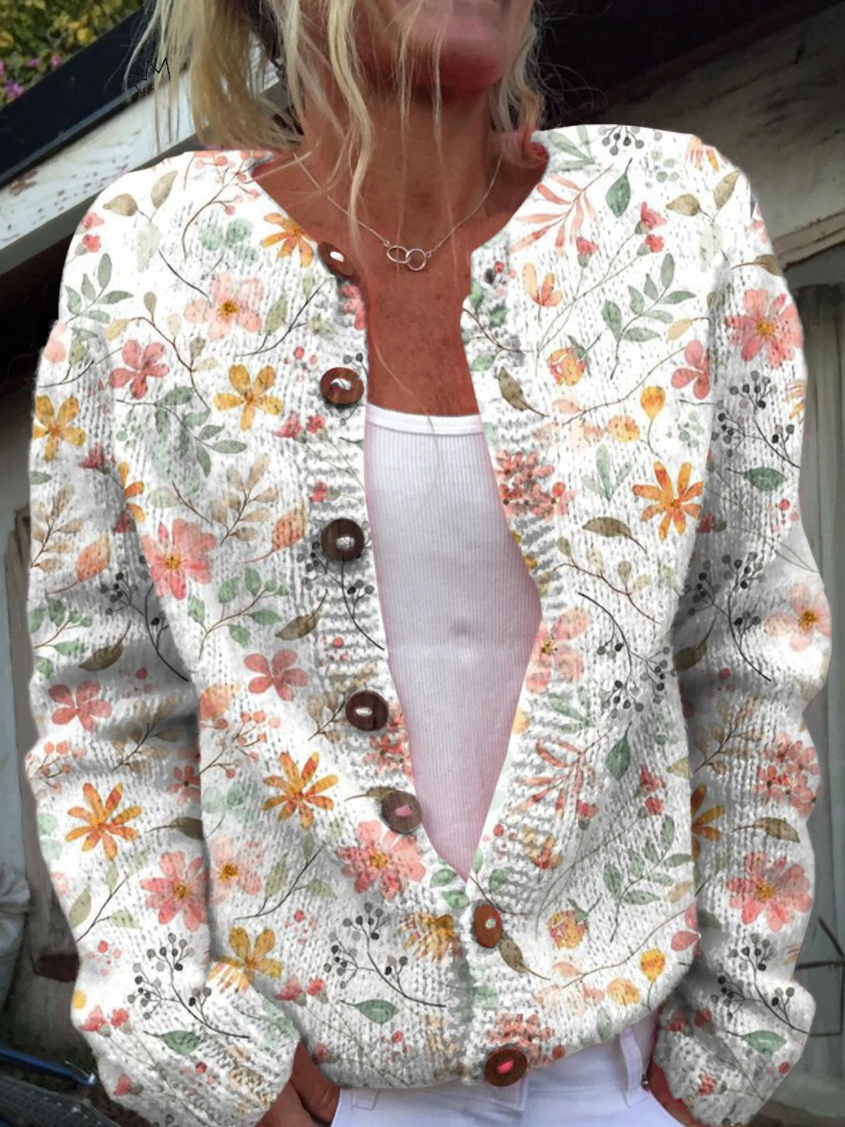 Charmig och Fräsch Blommönstrad Knappad Cardigan