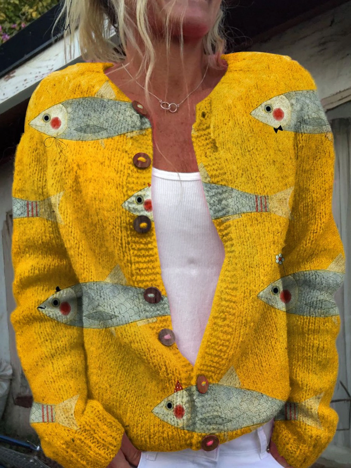 Retro Fisk Sardiner Konsttryck Knäppt Cardigan Tröja