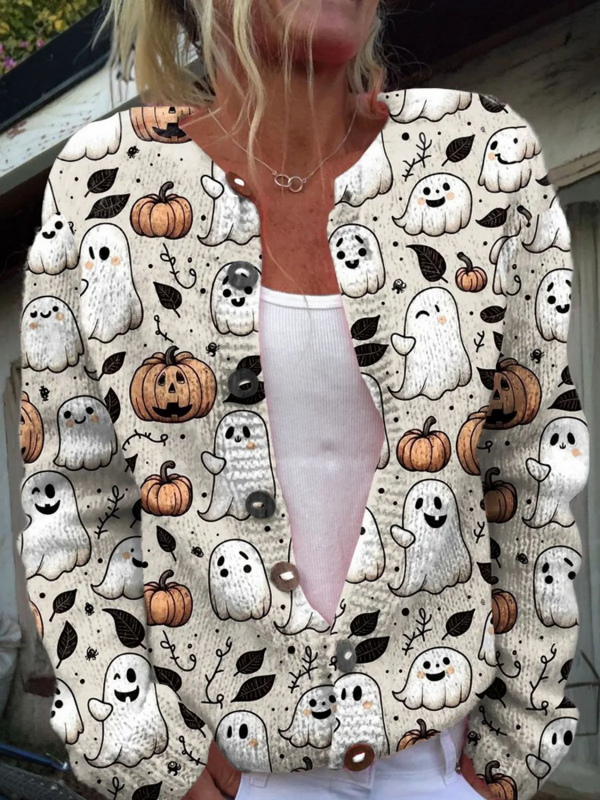 Roligt Spöke Halloween Konsttryck Knäppt Cardigan