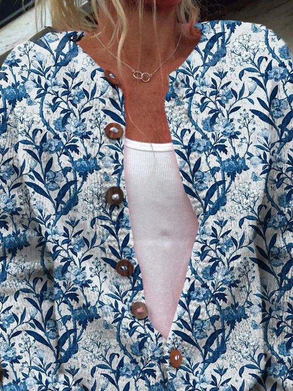 Elegant Blå och Vit Blommönstrad Knäppt Cardigan