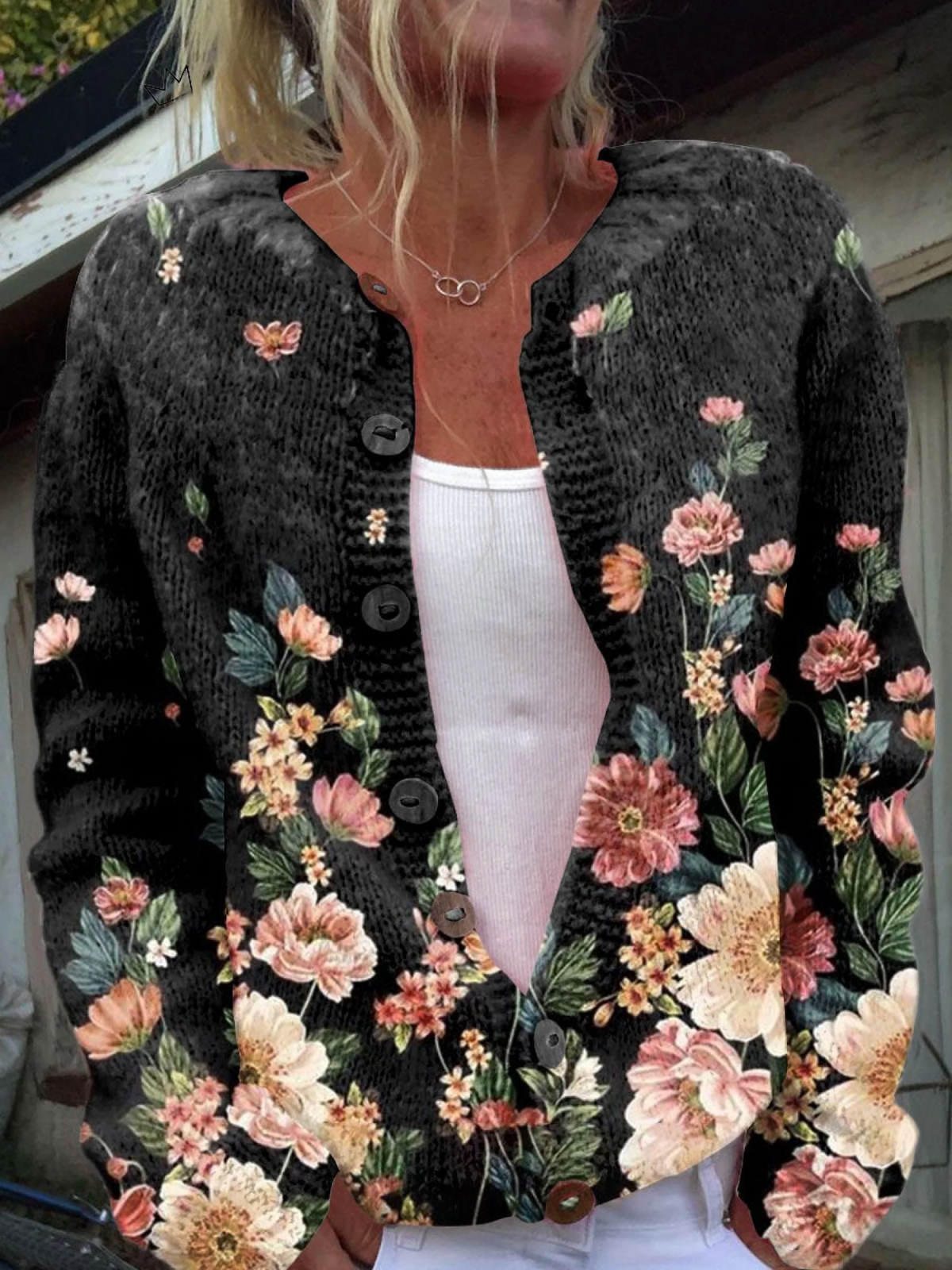Blommig Knäppt Avslappnad Cardigan