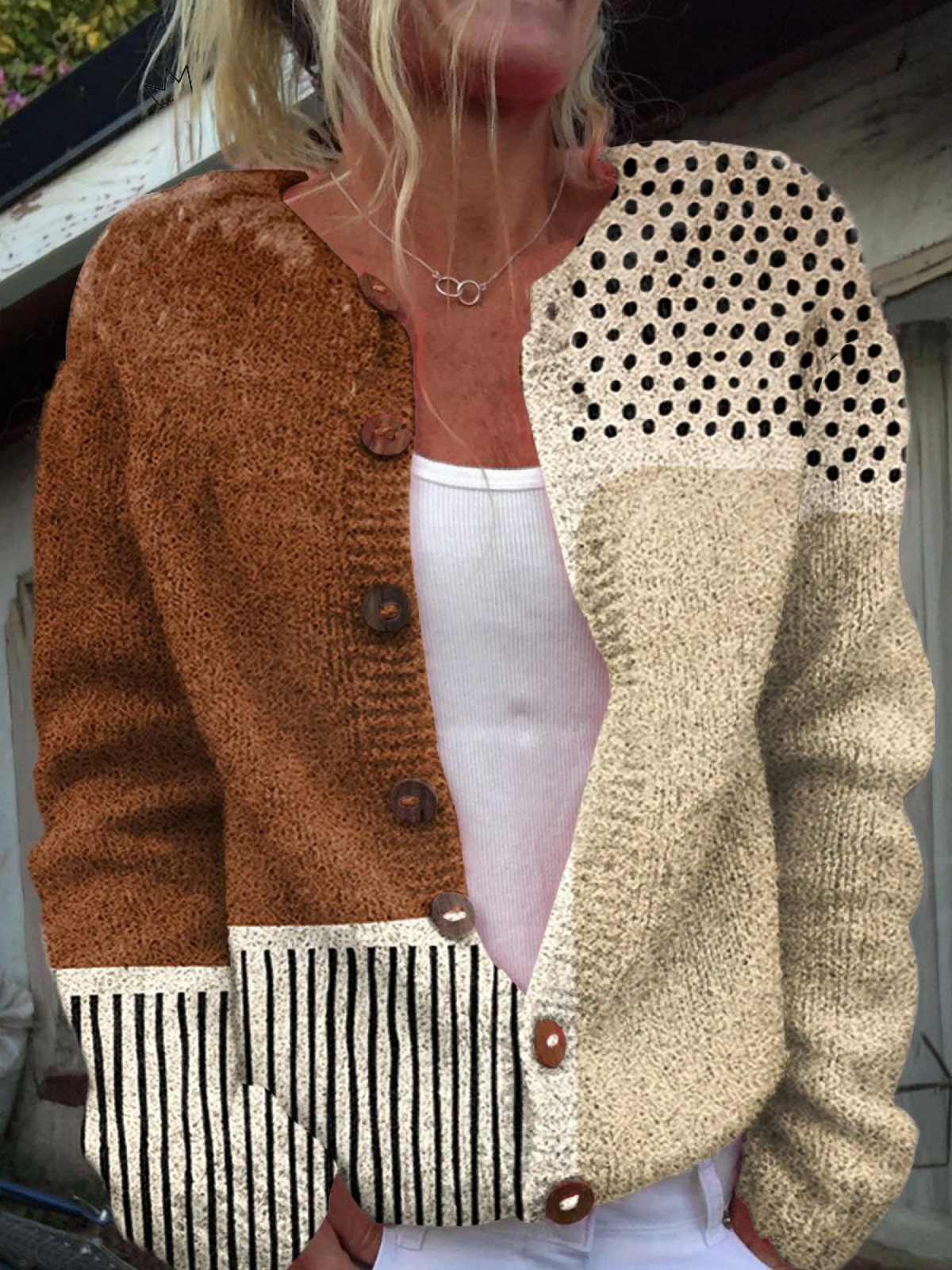 Minimalistisk Abstrakt Prickmönstrad Knäppt Cardigan