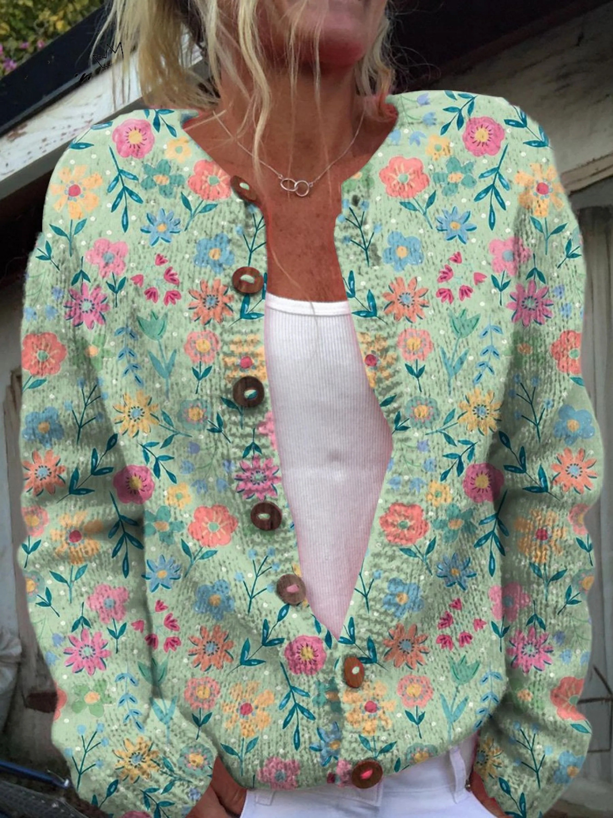 Sommarfält Blommig Mönster Cardigan med Knapp