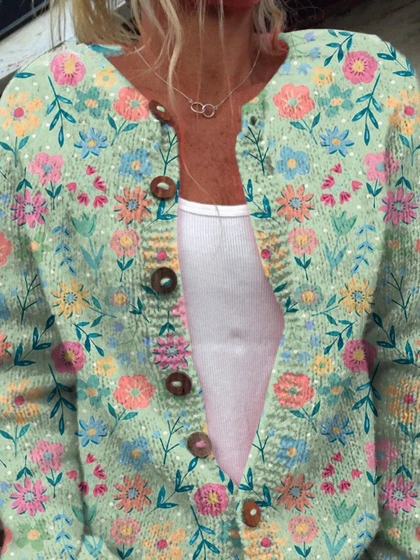 Sommarfält Blommig Mönster Cardigan med Knapp