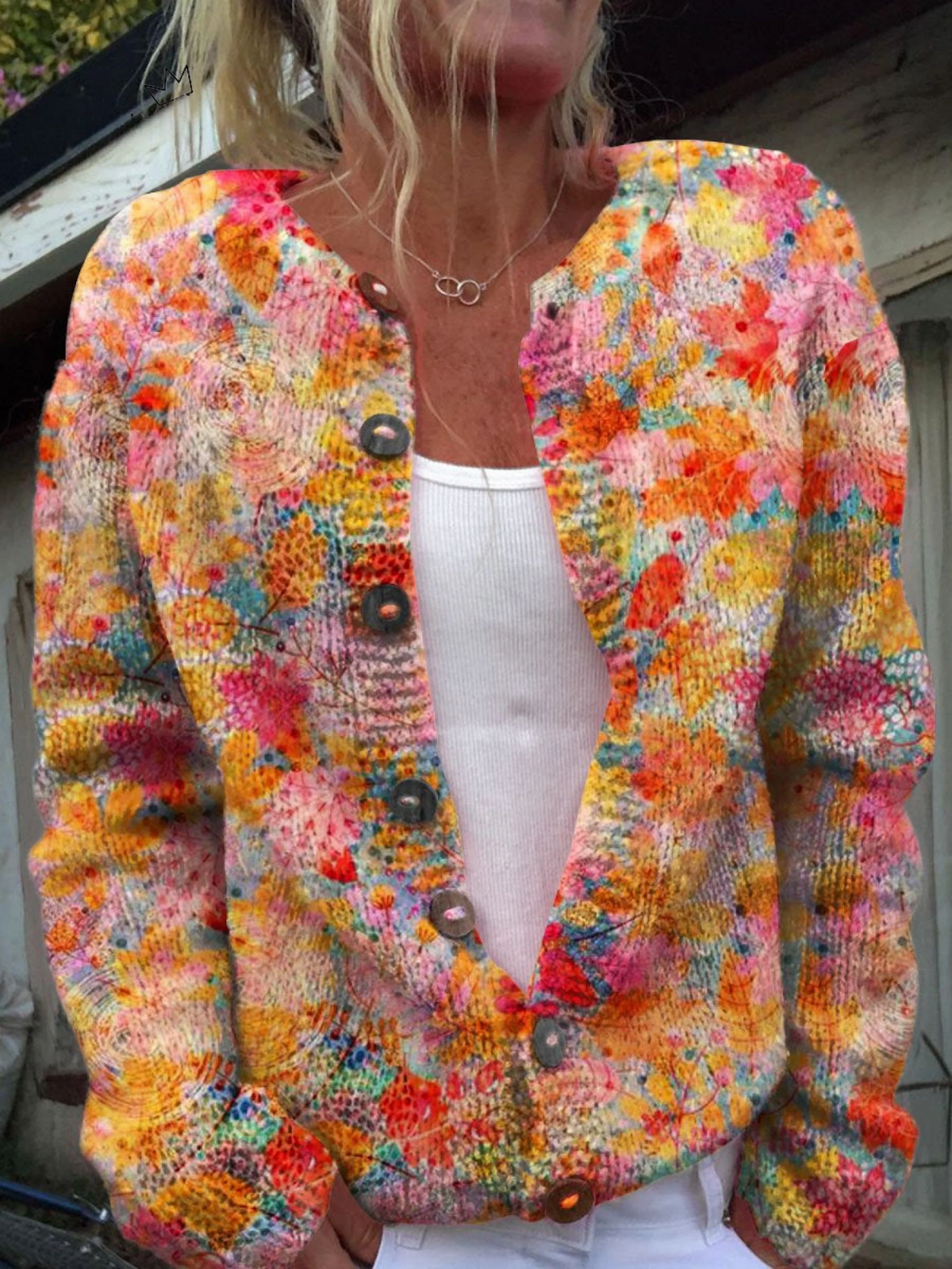 Blommig Tryck Knäppt Avslappnad Cardigan