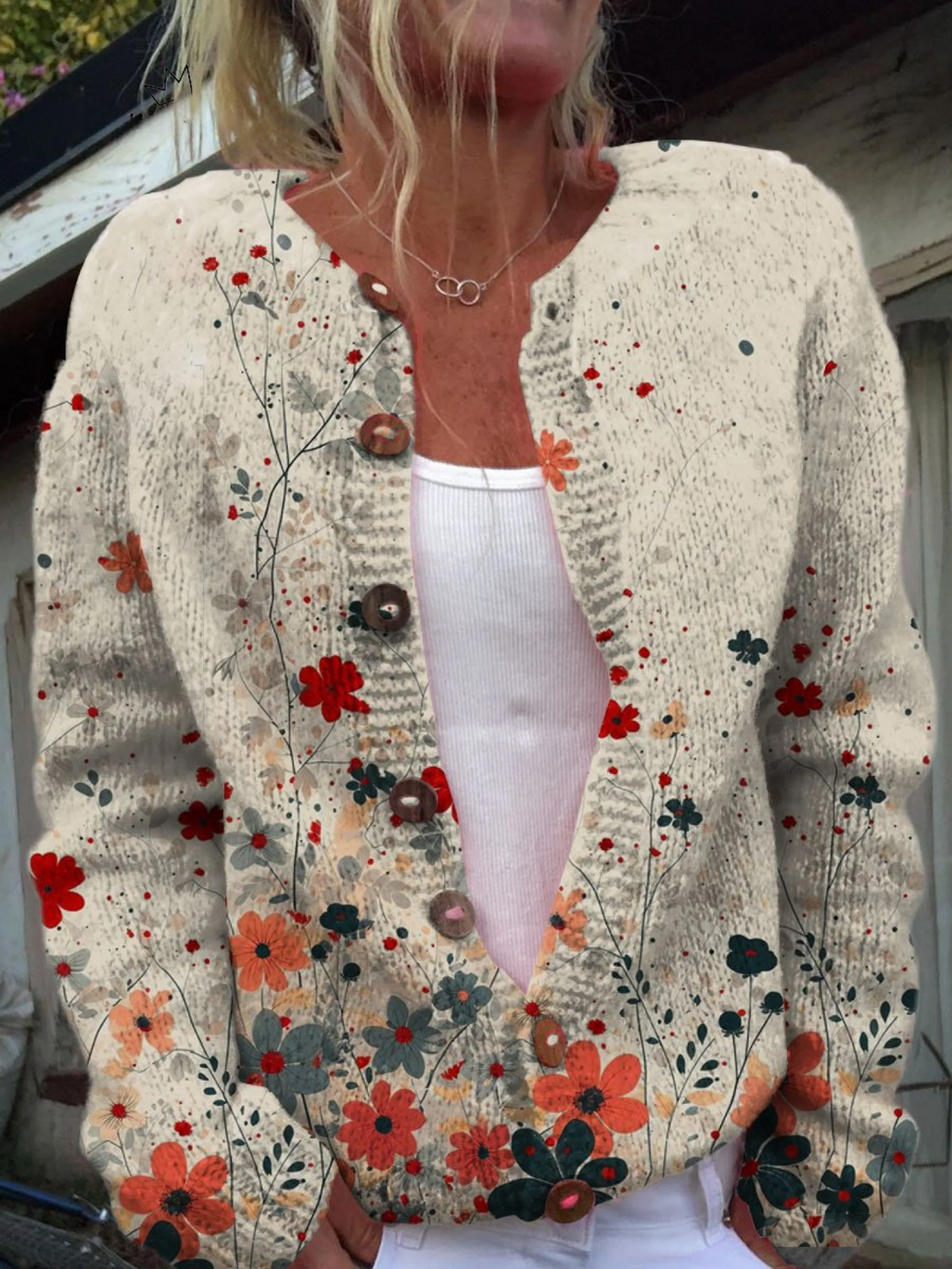 Retro Blomkonst Button-Up Cardigan Sweater