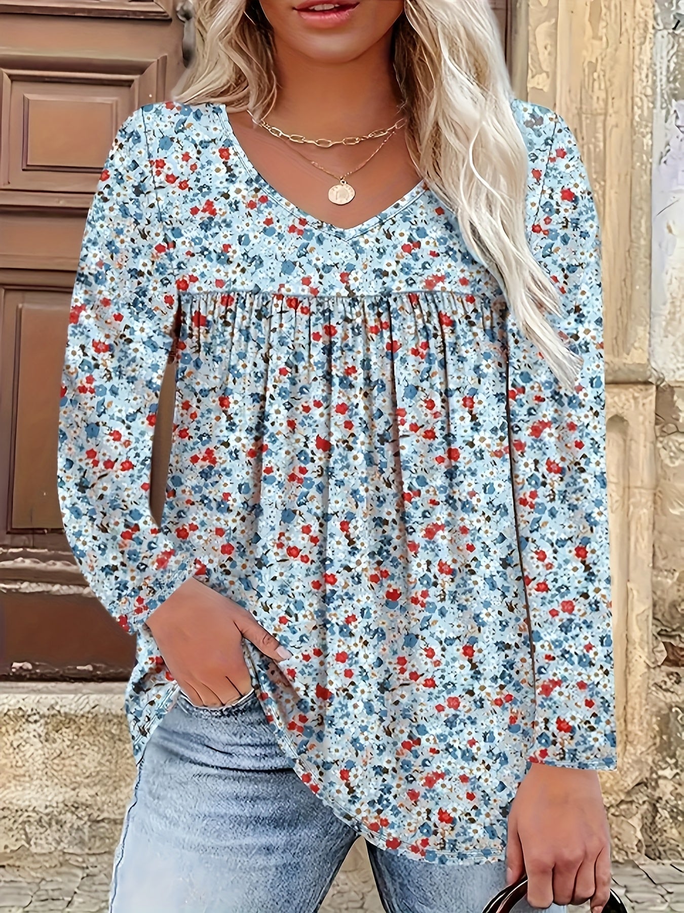 Valorine™ | Damblus med blommönster - V-ringad Plus Size