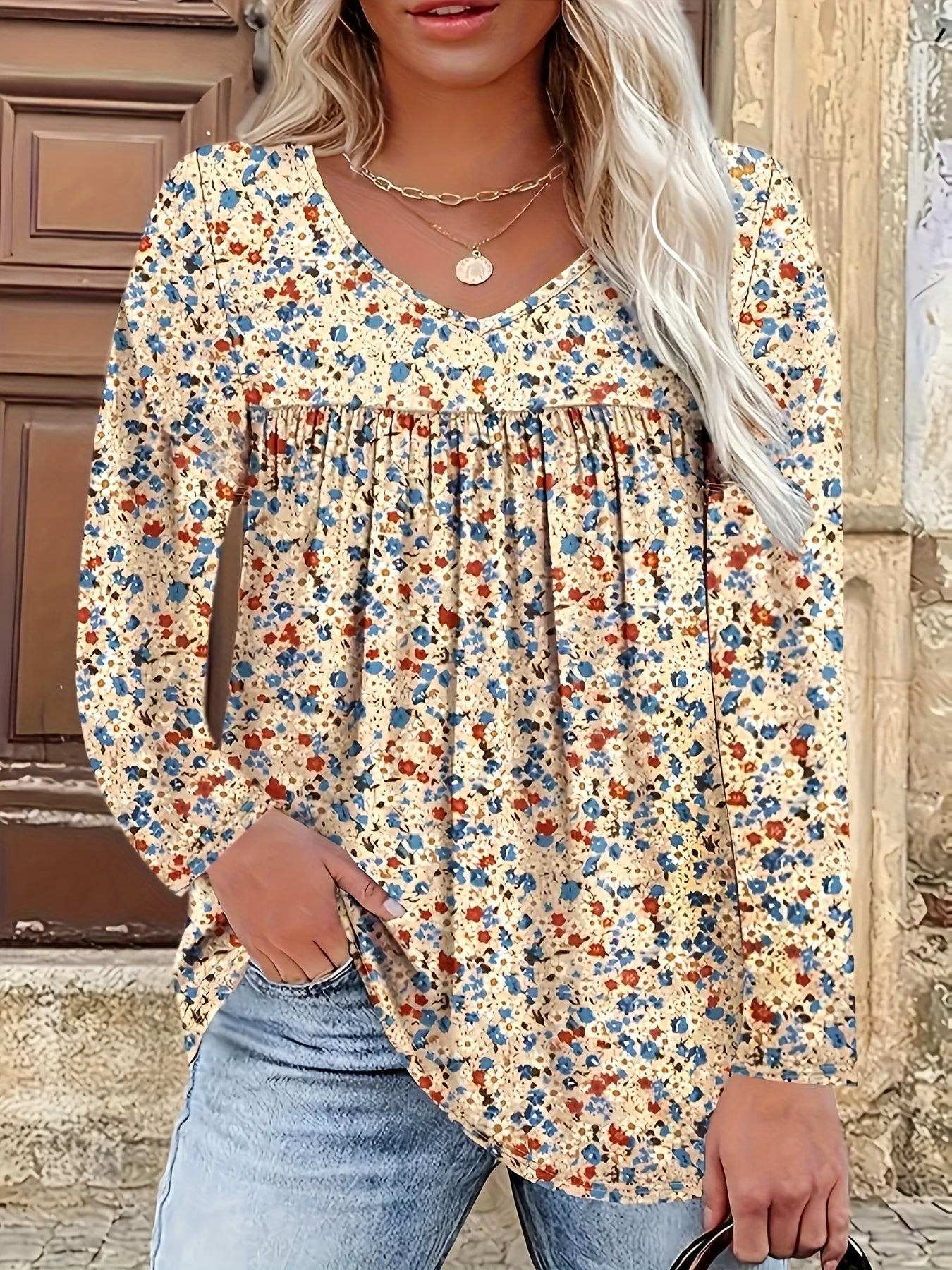 Valorine™ | Damblus med blommönster - V-ringad Plus Size